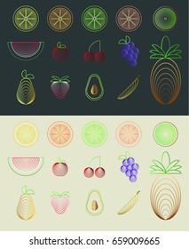 Set of minimal geometric fruit with lines and color shades on plain background