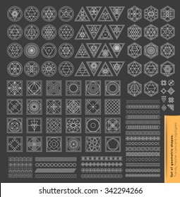 Set of minimal  geometric monochrome shapes. Trendy hipster icons and logotypes. Religion, philosophy, spirituality, occultism symbols collection. Business signs, labels, badges, frames and borders