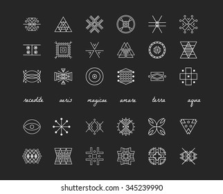 Set of minimal geometric monochrome shapes. Trendy hipster icons and logotypes. Religion, philosophy, spirituality, occultism symbols collection. Business signs, labels, badges