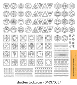 Set of minimal  geometric monochrome shapes. Trendy hipster icons and logotypes. Religion, philosophy, spirituality, occultism symbols collection. Business signs, labels, badges, frames and borders