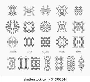 Set of minimal geometric monochrome shapes. Trendy hipster icons and logotypes. Religion, philosophy, spirituality, occultism symbols collection. Business signs, labels, badges, frames and borders