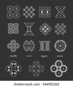 Set of minimal geometric monochrome shapes. Trendy hipster icons and logotypes. Religion, philosophy, spirituality, occultism symbols collection. Business signs, labels, badges, frames and borders