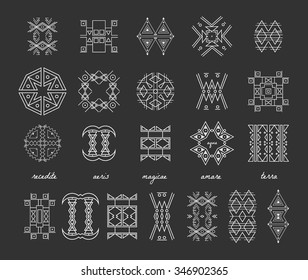 Set of minimal geometric monochrome shapes. Trendy hipster icons and logotypes. Religion, philosophy, spirituality, occultism symbols collection. Business signs, labels, badges, frames and borders