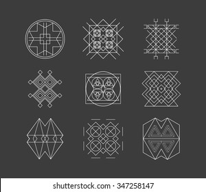 Set of minimal geometric monochrome shapes. Trendy hipster icons and logotypes. Religion, philosophy, spirituality, occultism symbols collection. Business signs, labels, badges, frames and borders