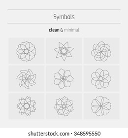 Set of minimal geometric monochrome shapes. Trendy hipster icons and logotypes. Religion, philosophy, spirituality, occultism symbols collection. Business signs, labels, badges, frames and borders