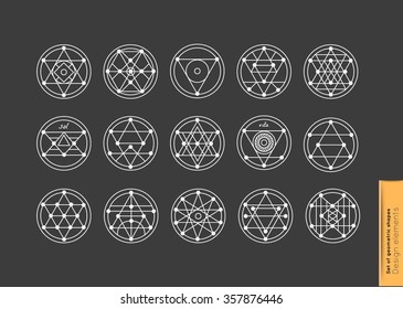 Set of minimal geometric monochrome shapes. Trendy hipster icons and logotypes. Religion, philosophy, spirituality, occultism symbols collection. Business signs, labels, badges, frames and borders