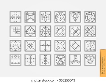 Set of minimal geometric monochrome shapes. Trendy hipster icons and logotypes. Religion, philosophy, spirituality, occultism symbols collection. Business signs, labels, badges, frames and borders