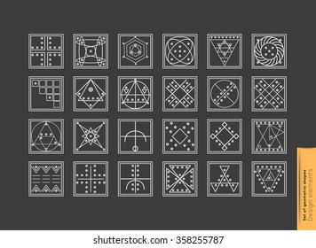 Set of minimal geometric monochrome shapes. Trendy hipster icons and logotypes. Religion, philosophy, spirituality, occultism symbols collection. Business signs, labels, badges, frames and borders