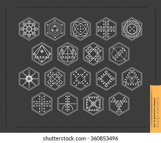Set of minimal geometric monochrome shapes. Trendy hipster icons and logotypes. Religion, philosophy, spirituality, occultism symbols collection. Business signs, labels, badges, frames and borders