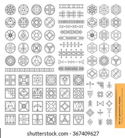 Set of minimal geometric monochrome shapes. Trendy hipster icons and logotypes. Religion, philosophy, spirituality, occultism symbols collection. Business signs, labels, badges, frames and borders