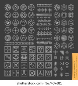 Set of minimal geometric monochrome shapes. Trendy hipster icons and logotypes. Religion, philosophy, spirituality, occultism symbols collection. Business signs, labels, badges, frames and borders