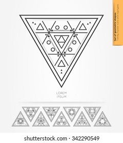 Set of minimal  geometric monochrome triangles. Trendy hipster icons and logotypes. Religion, philosophy, spirituality, occultism symbols collection. Business signs, labels, badges and shapes.