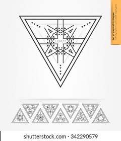 Set of minimal  geometric monochrome triangles. Trendy hipster icons and logotypes. Religion, philosophy, spirituality, occultism symbols collection. Business signs, labels, badges and shapes.