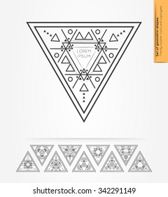 Set of minimal  geometric monochrome triangles. Trendy hipster icons and logotypes. Religion, philosophy, spirituality, occultism symbols collection. Business signs, labels, badges and shapes.