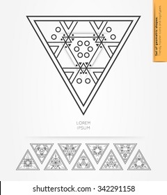 Set of minimal  geometric monochrome triangles. Trendy hipster icons and logotypes. Religion, philosophy, spirituality, occultism symbols collection. Business signs, labels, badges and shapes.