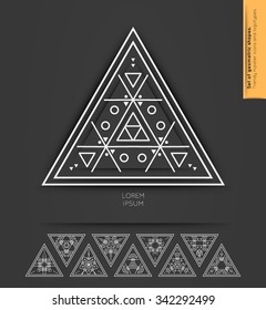 Set of minimal  geometric monochrome triangles. Trendy hipster icons and logotypes. Religion, philosophy, spirituality, occultism symbols collection. Business signs, labels, badges and shapes.