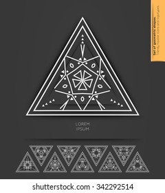 Set of minimal  geometric monochrome triangles. Trendy hipster icons and logotypes. Religion, philosophy, spirituality, occultism symbols collection. Business signs, labels, badges and shapes.