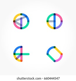 Conjunto de formas geométricas multicolor mínimas. Iconos y logotipos hipster de moda. Símbolos, etiquetas, insignias, marcos y bordes de los signos comerciales