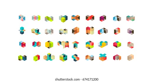 Set of minimal geometric multicolor shapes. Trendy hipster icons and logotypes. Business signs symbols, labels, badges, frames and borders 