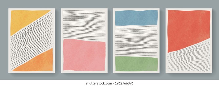 Set of minimal geometric posters. Mid-Century Modern Art with Watercolor Shapes. Trendy artistic abstract background.