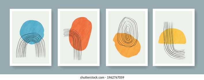 Set of minimal geometric posters. Mid-Century Modern Art with Watercolor Shapes. Trendy artistic abstract background.