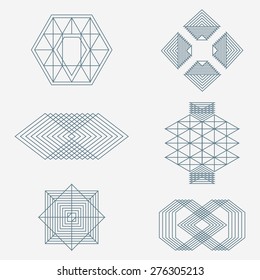 Set of minimal geometric shapes, triangles, line, retro design elements, business signs template, logos, identity, labels, badges and objects.