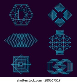 Set of minimal geometric shapes, triangles, line, retro design elements, business signs template, logos, identity, labels, badges and objects.