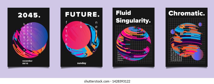 Set of minimal glitched retrofuturistic posters for science or music event. Vaporwave/ synthwave 80s-90s neon aesthetic style.