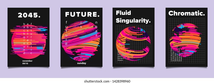 Set of minimal glitched retrofuturistic posters for science or music event. Vaporwave/ synthwave/ retrowave 80s-90s neon aesthetic style.