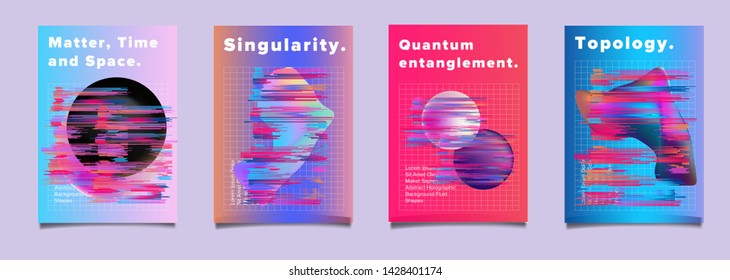 Set of minimal glitched retrofuturistic posters for science or music event. Vaporwave/ synthwave/ retrowave 80s-90s neon aesthetic style.