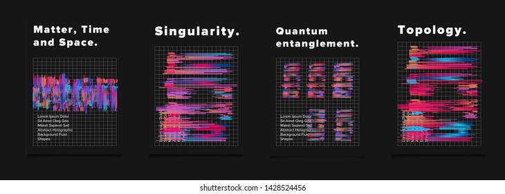 Set of minimal glitched retrofuturistic posters for science or music event. Vaporwave/ synthwave/ retrowave 80s-90s neon aesthetic style.