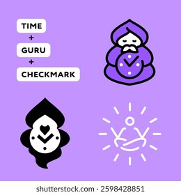 Set of Minimal "Guru with Clocks" Logo Templates Representing The Time Management Productivity Concept. Clock Guru Checkmark Icon. Creative logo design Idea. Getting Things Done In Time Metaphor.