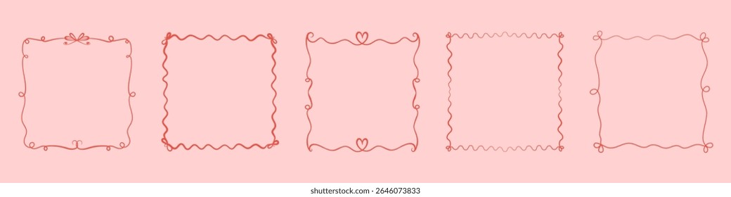 Set of minimal hand drawn curly frames with hearts and decorative lines. Great for cards, romantic design, love notes, and modern scrapbooking.