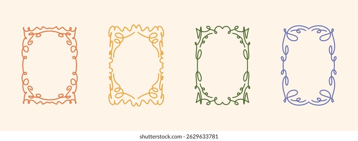 Set of Minimal Hand Drawn Decorative Frames in Bright Colors. Ornamental Borders with Swirls and Curves in Orange Yellow Green Violet. Naive Vector Templates for Card, Poster, Invitation