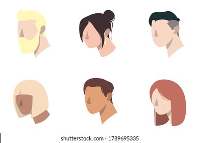 Set of minimal icon. People 3/4 view. Isolated avatars portraits. Cartoon characters with various hairstyles. Vector illustration Eps10.