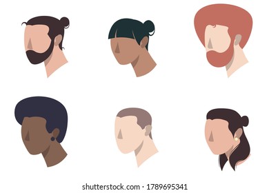 Conjunto de icono mínimo. Vista de personas de 3/4. Retratos aislados de avatares. Personajes de caricatura con varios peinados. Ilustración vectorial Eps10.