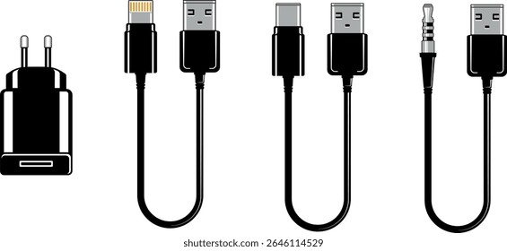 Conjunto de ícones mínimos com adaptador de energia e vários cabos USB, incluindo conectores de áudio e compactos. Isolado sem fundo. Perfeito para eletrônicos e conteúdo de dispositivos móveis.