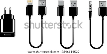 Set of minimal icons with power adapter and various USB cables, including audio and compact connectors. Isolated without background. Perfect for electronics and mobile device content.