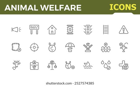 Set of minimal icons related to animal welfare. Linear icon of animal rights. Editable stroke. Vector illustration.