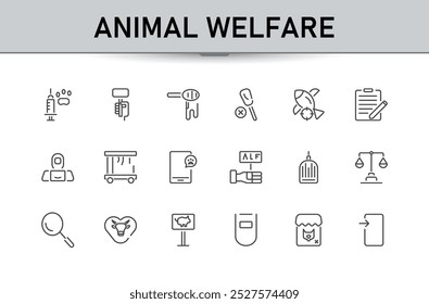 Set of minimal icons related to animal welfare. Linear icon of animal rights. Editable stroke. Vector illustration.