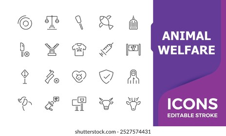 Set of minimal icons related to animal welfare. Linear icon of animal rights. Editable stroke. Vector illustration.