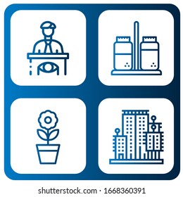 Set of minimal icons. Such as Eyewitness, Salt and pepper, Flower, City garden tower , minimal icons