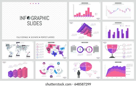 Set of minimal infographic design layouts. World and USA maps with marks, bar charts, jigsaw puzzle and 3d diagrams, thin line icons and text boxes. Vector illustration for presentation, brochure.