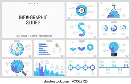 Set of minimal infographic design layouts. Pie and bar charts, jigsaw puzzle diagrams of different shapes, timelines, thin line icons and text boxes. Vector illustration for website, presentation.