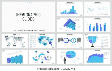 Set of minimal infographic design layouts. World and USA maps with marks, bar charts, jigsaw puzzle and 3d diagrams, thin line icons and text boxes. Vector illustration for presentation, brochure.