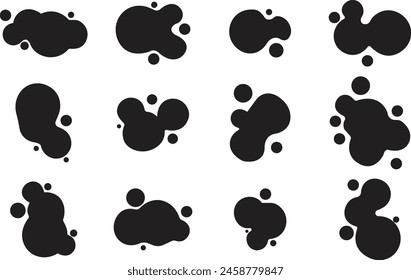 Set of Minimal Ink drops and splashes icons. Blotter spot, liquid paint drip splash and ink splatters. Slim Black inked splatter dirt stain splattered spray with drops blots on transparent background.