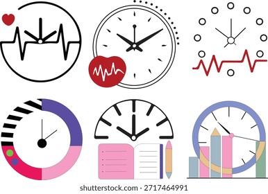 Un conjunto de iconos de estilo de interfaz mínimos que incluyen símbolos de latidos del corazón, indicadores de reloj, rótulos, útiles para paneles, App o infografías.