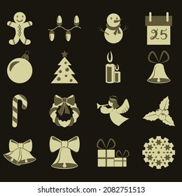 Set of minimal isolated Christmas icons drawing in flat style and colored in two colors