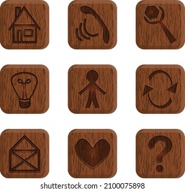 Set of minimal isolated icons drawing with gradient on wood grain texture