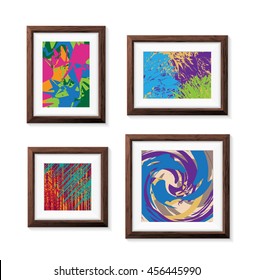 Set of Minimal Isolated Wood Frames with Abstract Art Scene on White Background for Presentations. Vector Elements.